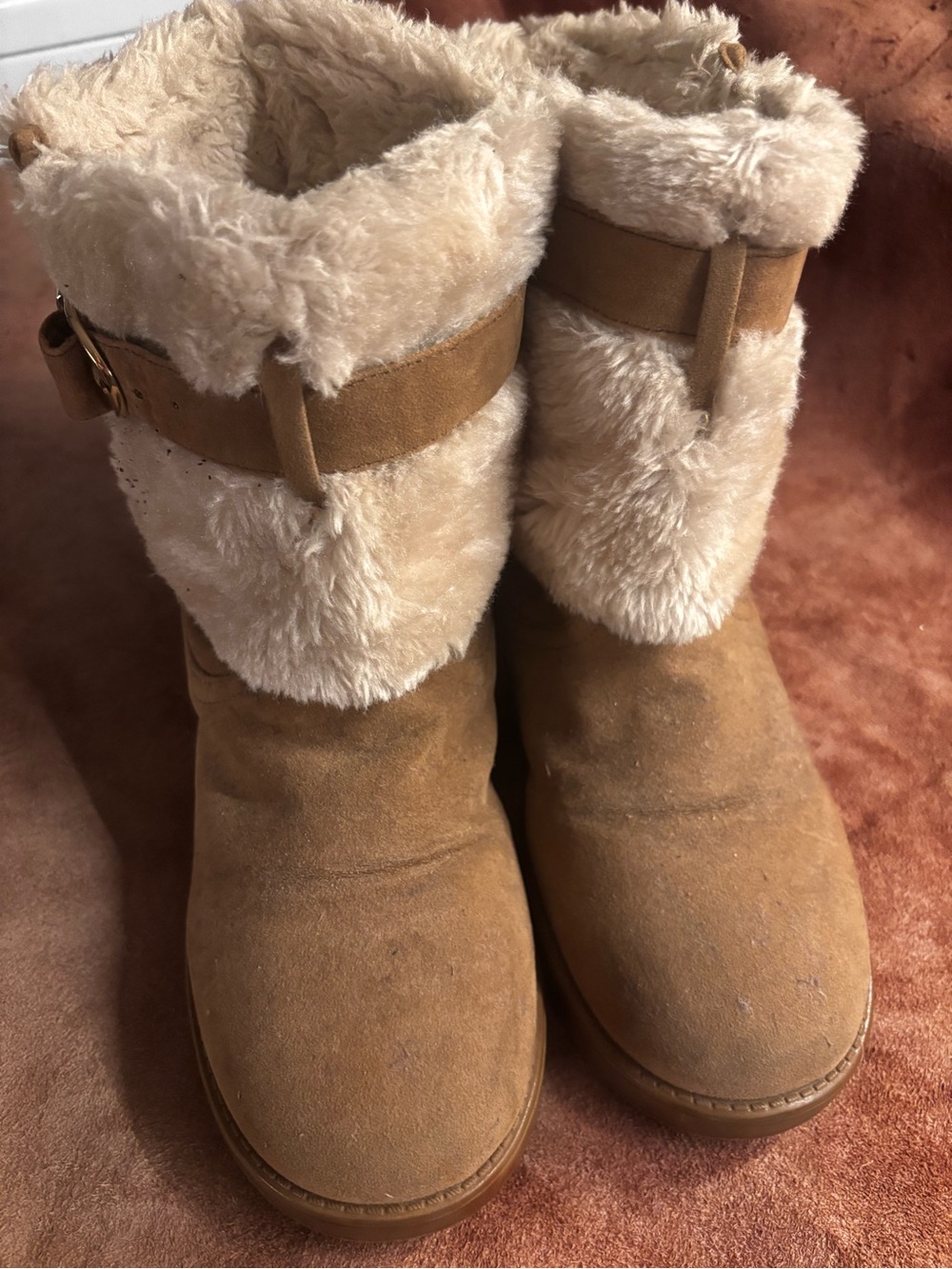 Guess Tan Suede Ankle Booties with Cream Faux-Fur Cuff